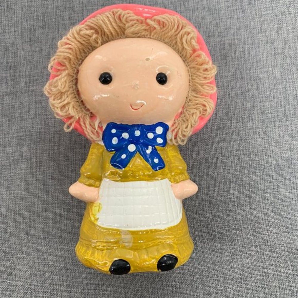 Vintage Ceramic Little Girl Coin Bank Yellow Pink 7.5" Tall Yarn hair Piggy bank